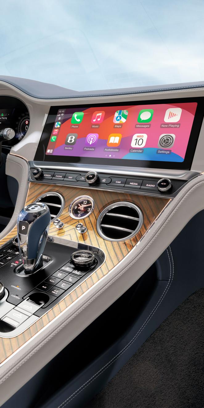 Close up of the MMI in the new Bentley Continental GT Azure featuring CarPlay