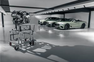 Side angled view of Bentley Continental GTC Speed Edition 12, Bentley Flying Spur Speed Edition 12 and Bentley Bentayga Speed Edition 12 parked side by side in Opalite colour, with Bentley 6.0 Litre W12 Twin Turbo Charged Engine in view.