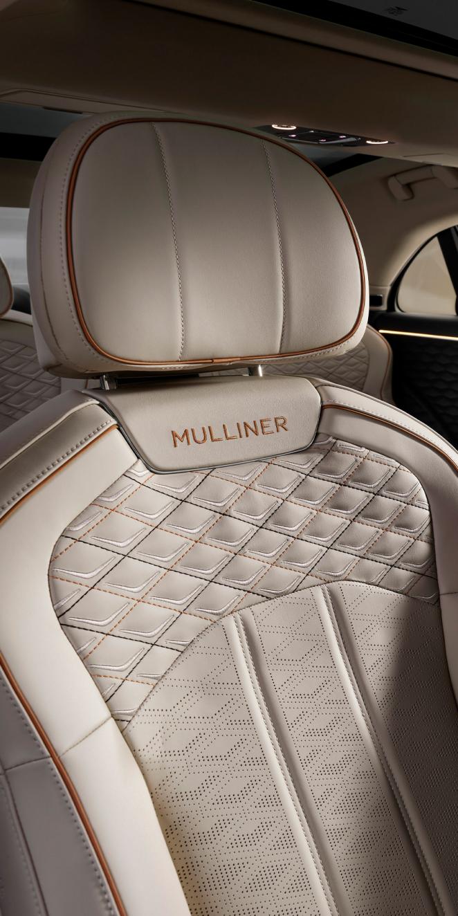 Close up of Bentley Flying Spur Mulliner passenger seat with Linen hide