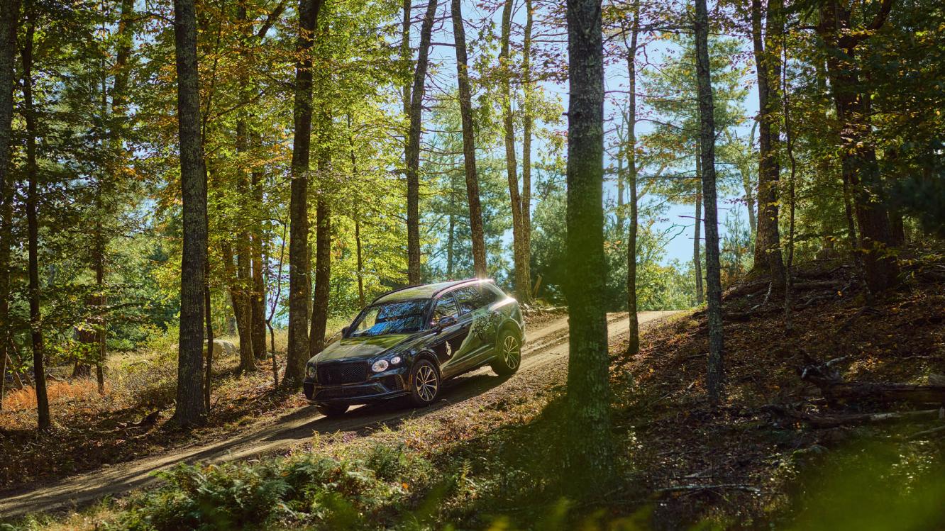 Bentley Bentayga featuring 21 inch Five Twin-Spoke Wheel - Painted,  driving downhill on offroad track with forest in backdrop