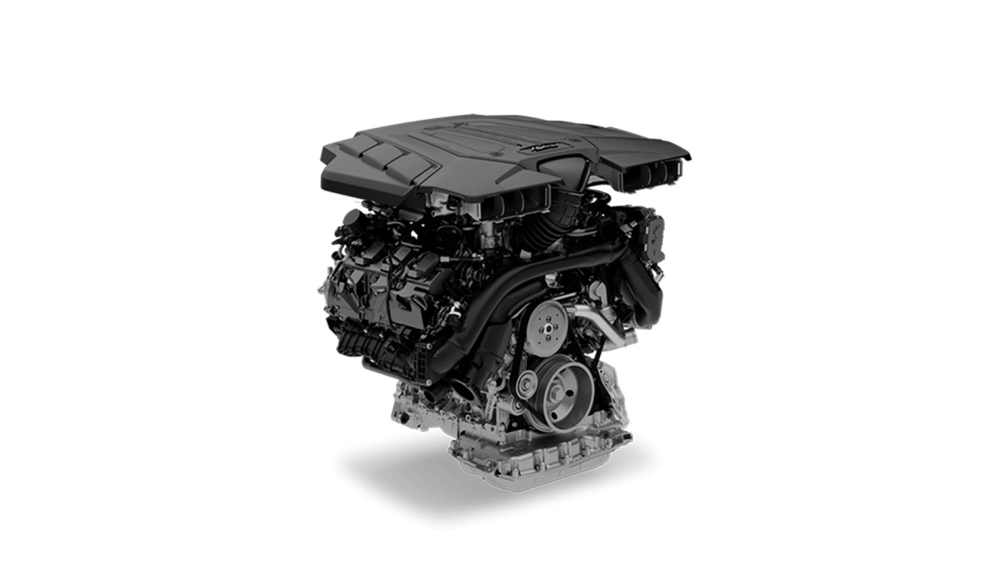 Plug-in hybrid electric vehicle V6 engine of Bentley Bentayga Atelier Edition, side angled view with black engine cover on top.