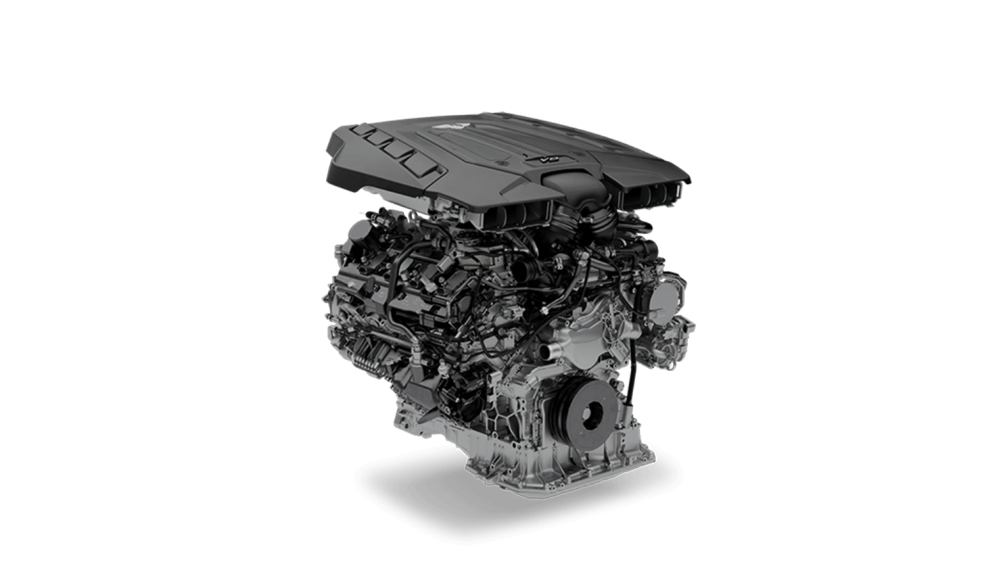 V8 engine of Bentley Bentayga Atelier Edition, side angled view with black engine cover on top.